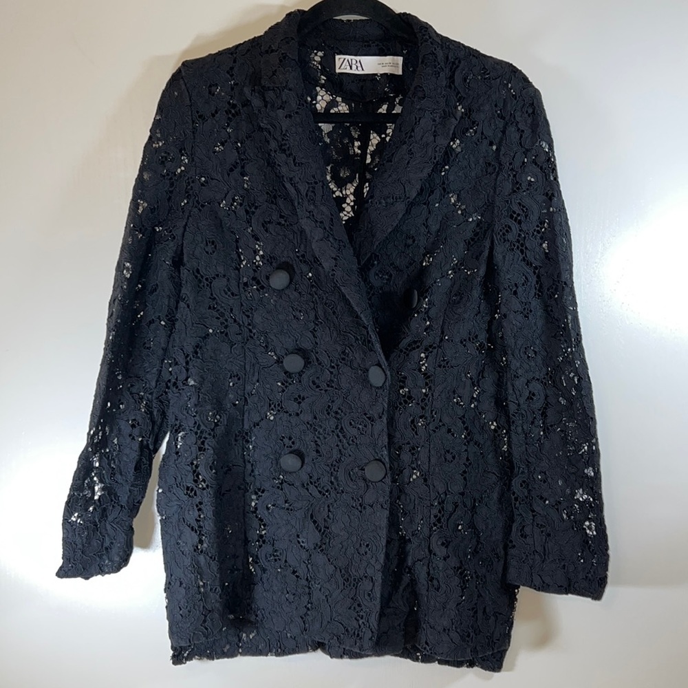 Zara Crochet Lace Blazer Size Medium Black